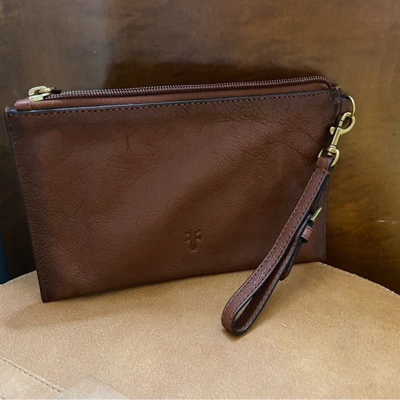 Frye Small Cognac Leather Satchel Clutch Wristlet with Handle - Picture 12 of 15